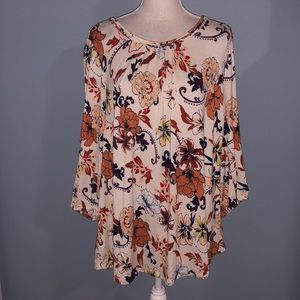 Daniel Rainn pleated neck knit floral crochet back shirt
